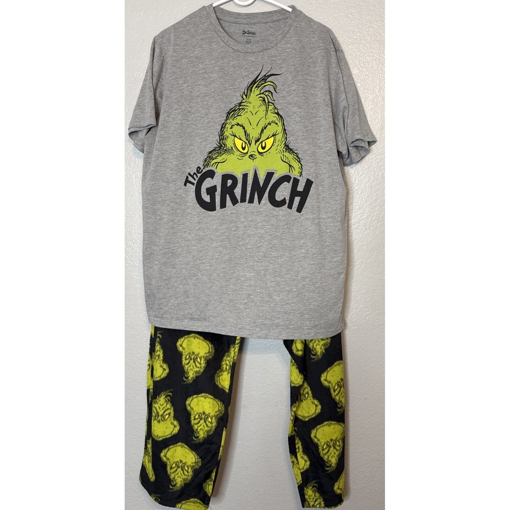 Dr Seuss The Grinch Pajama Set Unisex XL Gray/Green/Black Christmas Sleepwear